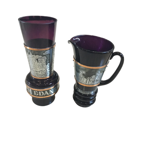 VTG Gdańsk Poland Souvenir Pitcher & Goblet Set – Amethyst Glass & Metal Etching - Picture 7 of 16